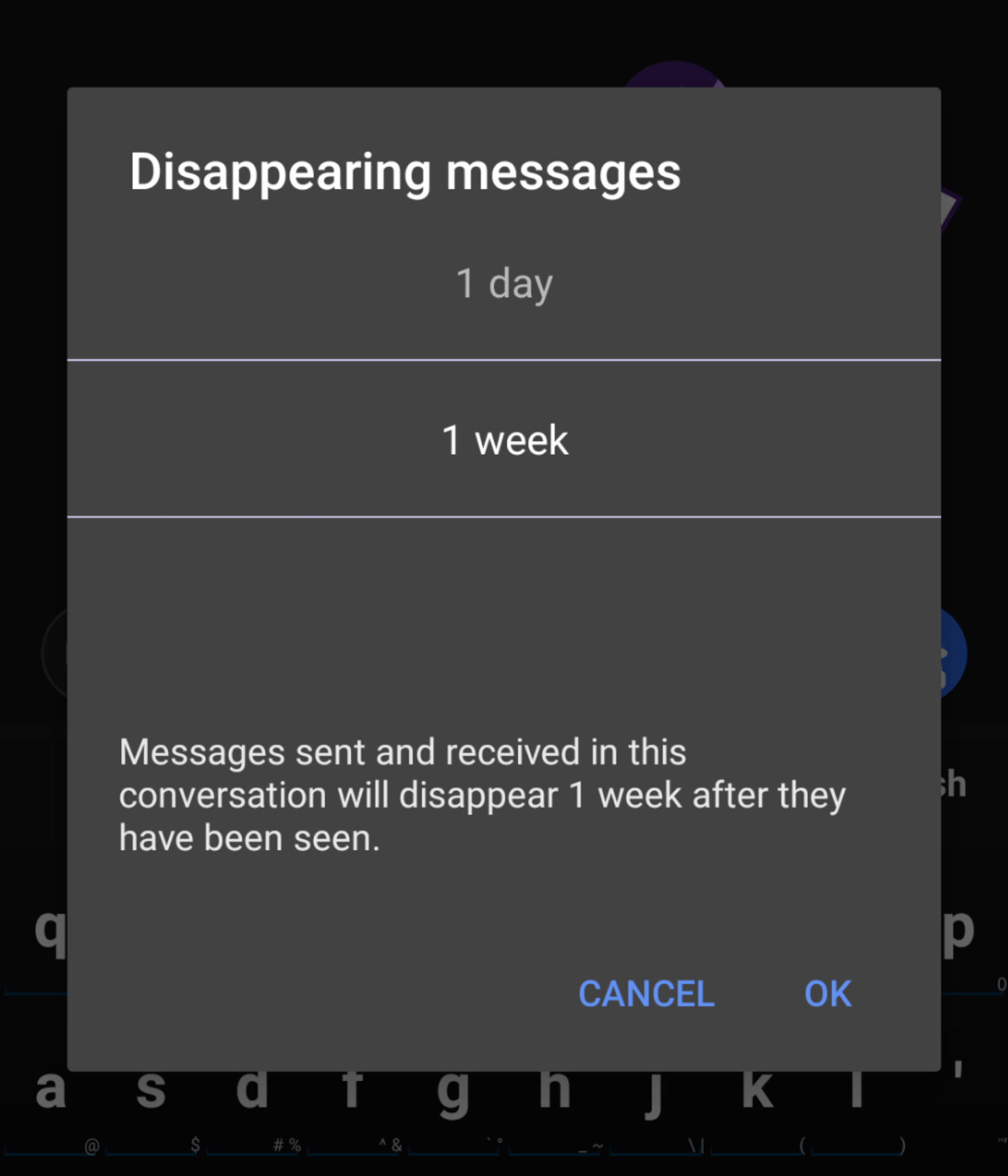 Modal for disappearing messages in Signal.