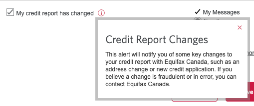 Screenshot of the modal turning on the credit report change alert.