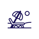 Icon of a beach chair, complete with umbrella and sunshine, in brand blue.