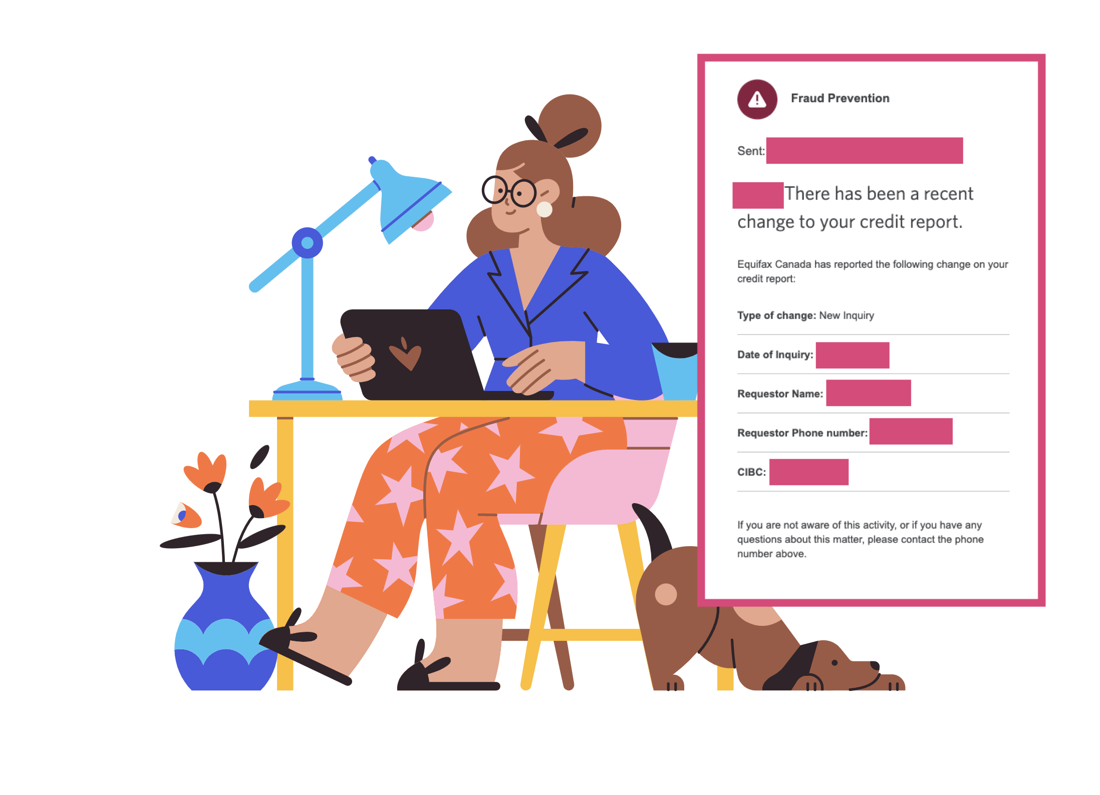 Woman wearing blue and orange with pink stars, looking at a laptop, with a dog next to her, and a screenshot of the credit report change alert.